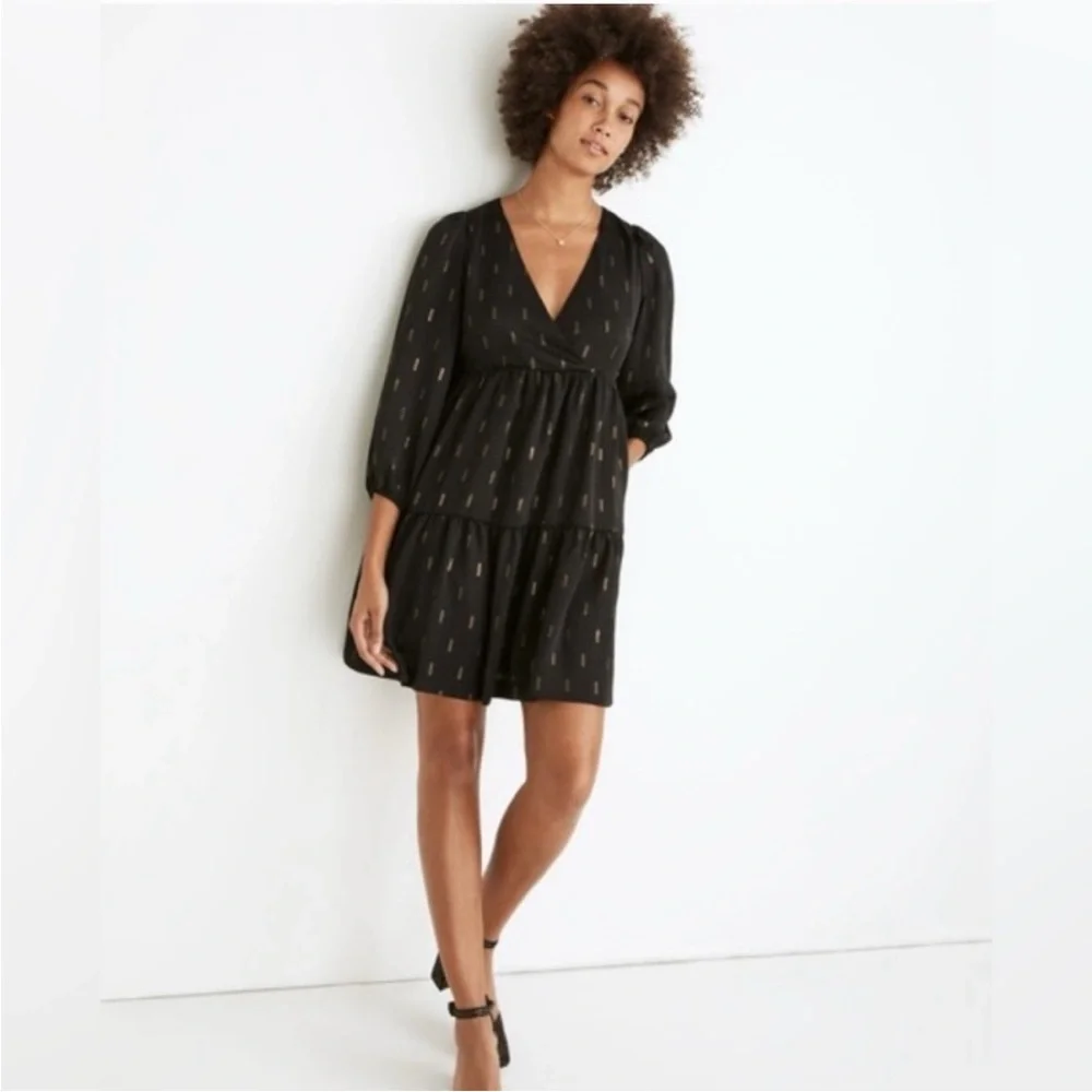 Madewell | Women’s Black Vneck Babydoll Mini Dress Gold Dash Pattern Size S